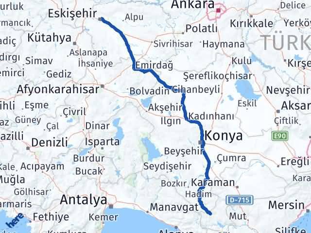 Karaman Başyayla Eskişehir Arası Kaç Km - Yol Haritası