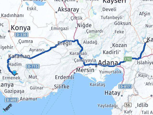 Karaman Başyayla Kahramanmaraş Arası Kaç Km - Yol Haritası