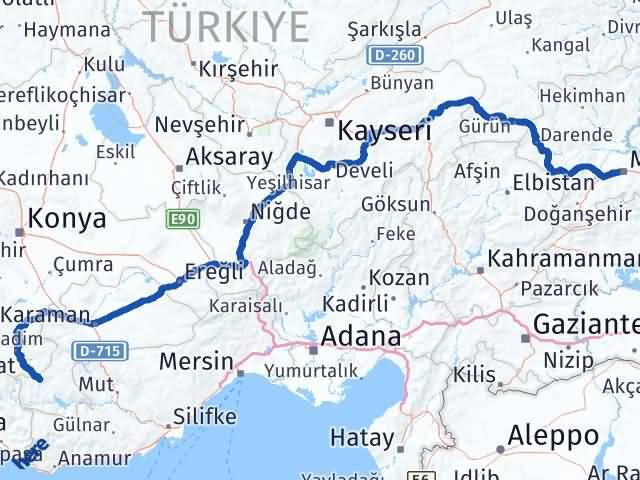 Karaman Başyayla Malatya Arası Kaç Km - Yol Haritası