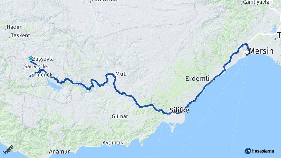 Karaman Başyayla Mersin Arası Kaç Km - Yol Haritası