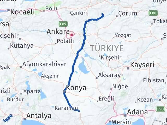 Karaman Bayat Çorum Arası Kaç Km - Yol Haritası