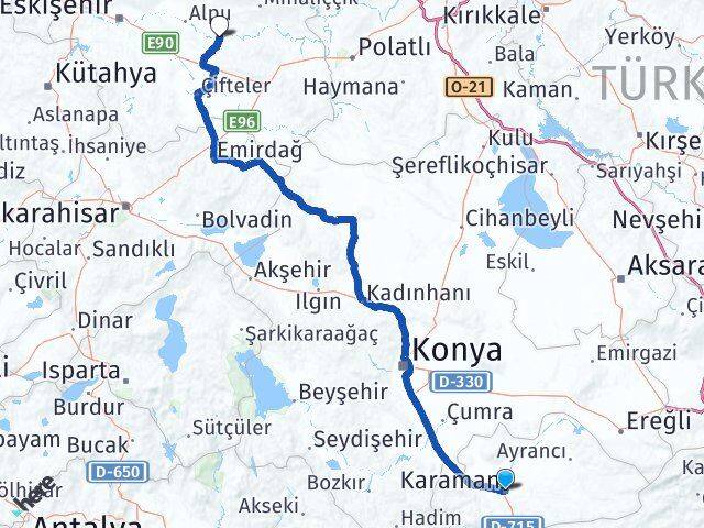 Karaman Beylikova Eskişehir Arası Kaç Km - Yol Haritası