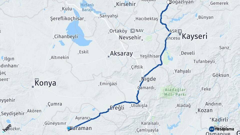 Karaman Boğazlıyan Yozgat Arası Kaç Km - Yol Haritası