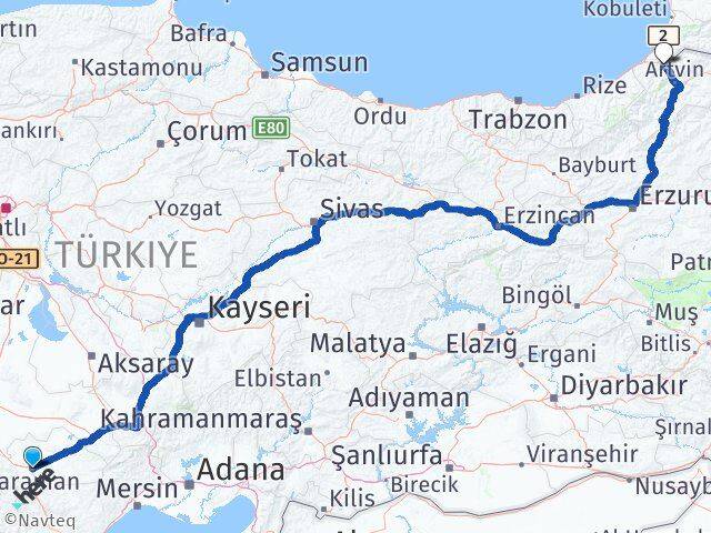Karaman Borçka Artvin Arası Kaç Km - Yol Haritası