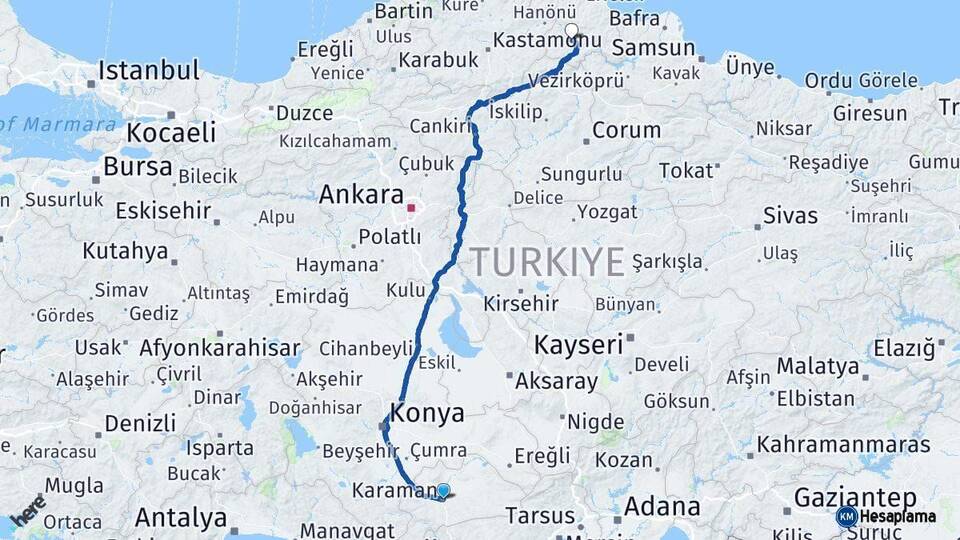 Karaman Boyabat Sinop Arası Kaç Km - Yol Haritası