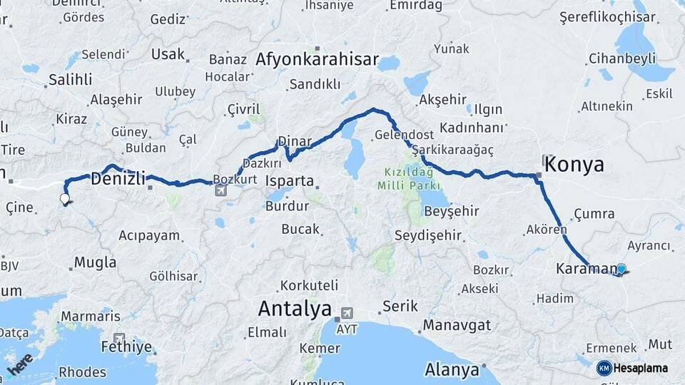Karaman Bozdoğan Aydın Arası Kaç Km - Yol Haritası