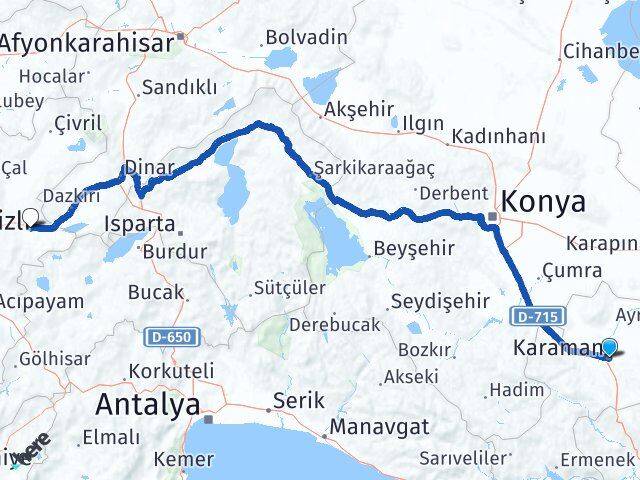 Karaman Bozkurt Denizli Arası Kaç Km - Yol Haritası