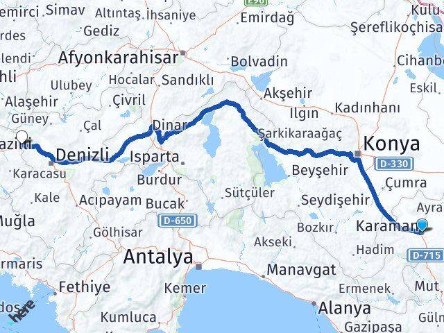 Karaman Buharkent Aydın Arası Kaç Km - Yol Haritası