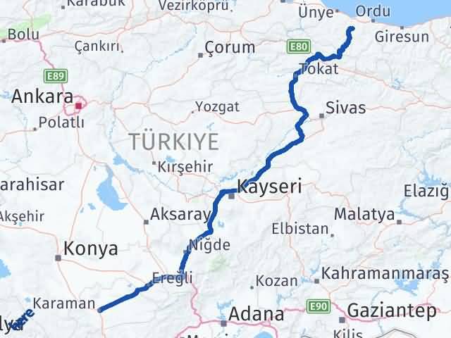 Karaman Çamaş Ordu Arası Kaç Km - Yol Haritası