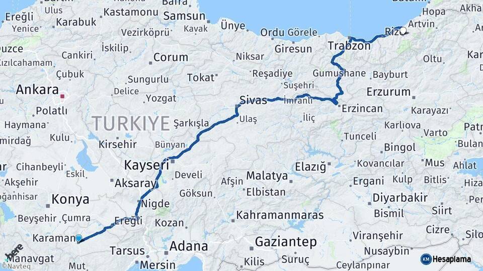 Karaman Çamlıhemşin Rize Arası Kaç Km - Yol Haritası