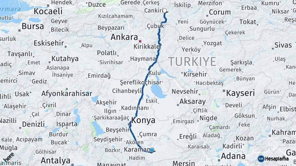 Karaman Çankırı Arası Kaç Km - Yol Haritası