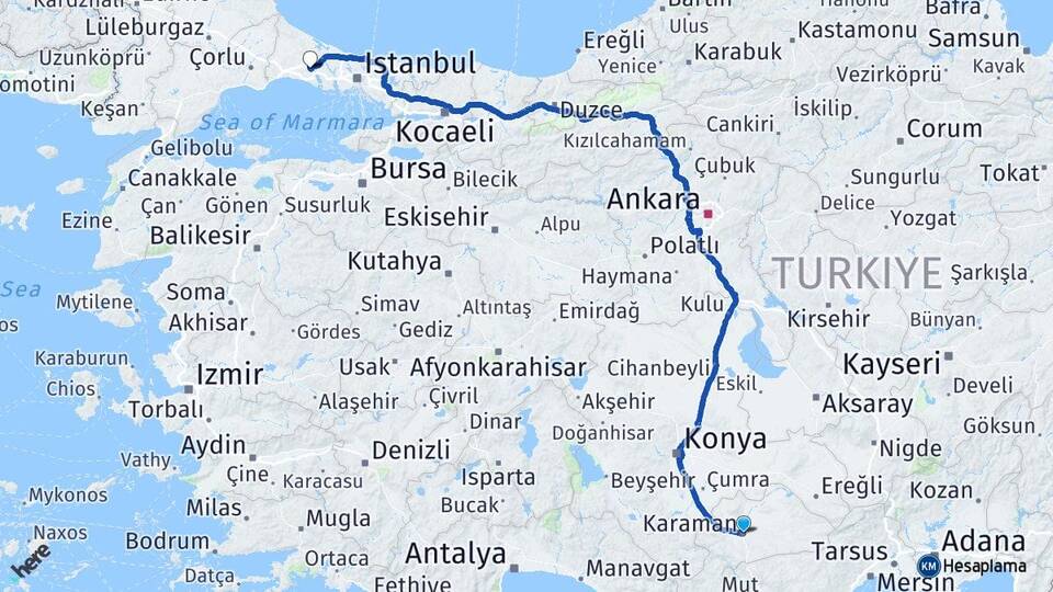 Karaman Çatalca İstanbul Arası Kaç Km - Yol Haritası