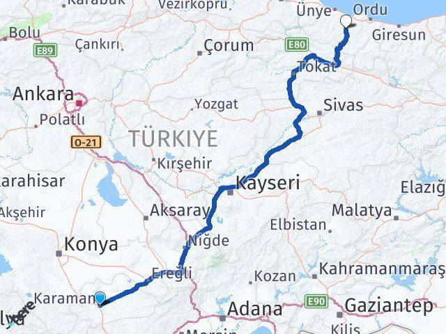 Karaman Çatalpınar Ordu Arası Kaç Km - Yol Haritası