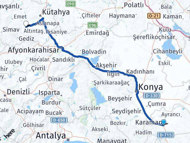Karaman Çavdarhisar Kütahya Arası Kaç Km - Yol Haritası