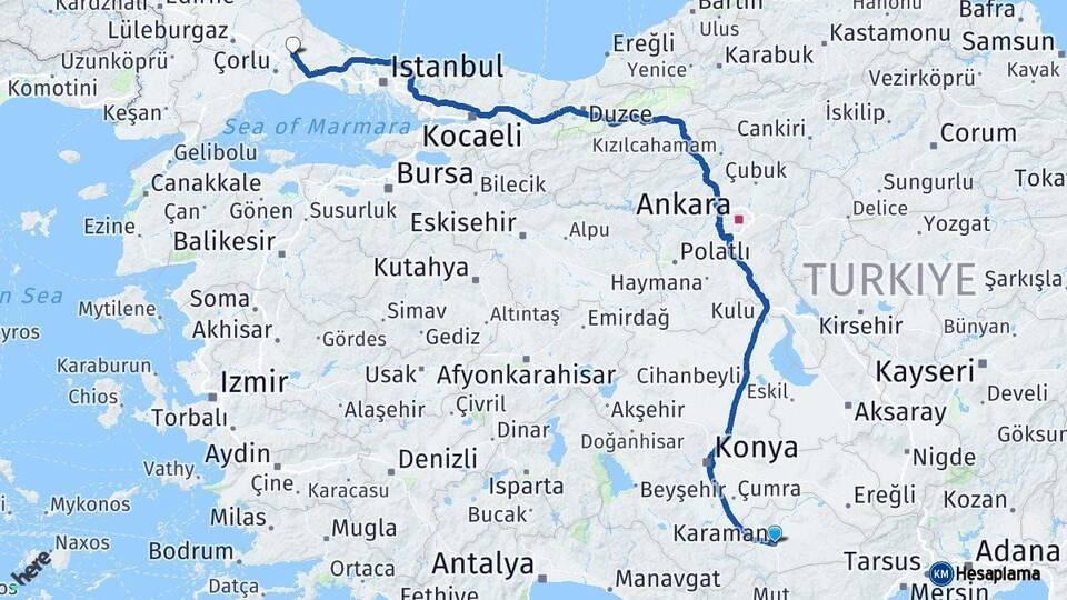 Karaman Çerkezköy Tekirdağ Arası Kaç Km - Yol Haritası
