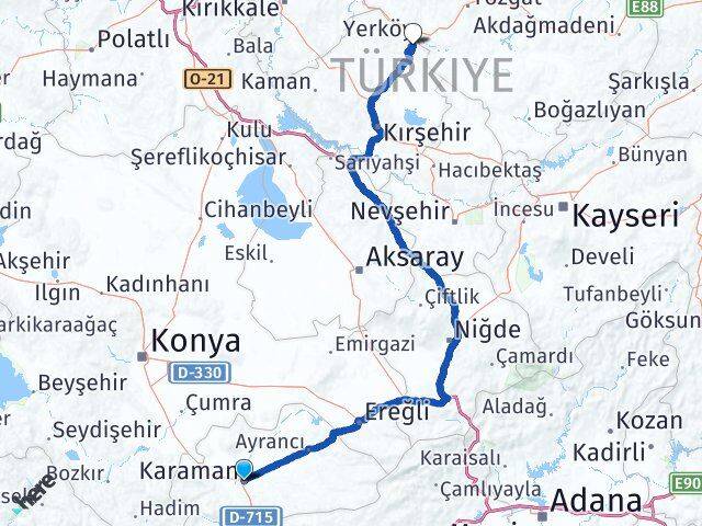 Karaman Çiçekdağı Kırşehir Arası Kaç Km - Yol Haritası