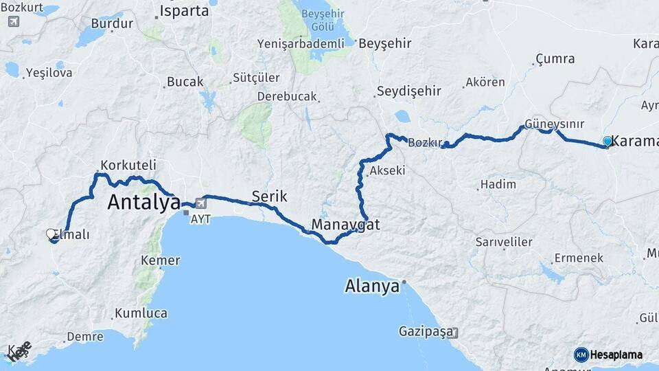 Karaman Elmalı Antalya Arası Kaç Km - Yol Haritası