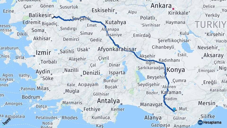 Karaman Ermenek Balıkesir Arası Kaç Km - Yol Haritası