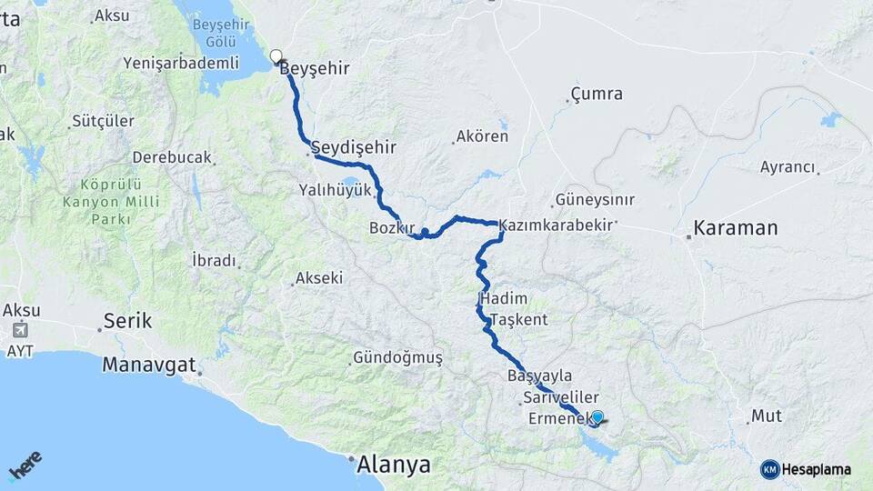 Karaman Ermenek Beyşehir Konya Arası Kaç Km - Yol Haritası