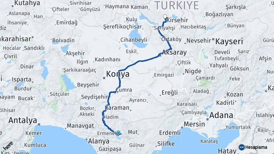 Karaman Ermenek Kırşehir Arası Kaç Km - Yol Haritası