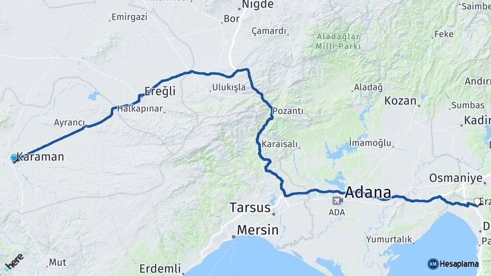 Karaman Erzin Hatay Arası Kaç Km - Yol Haritası