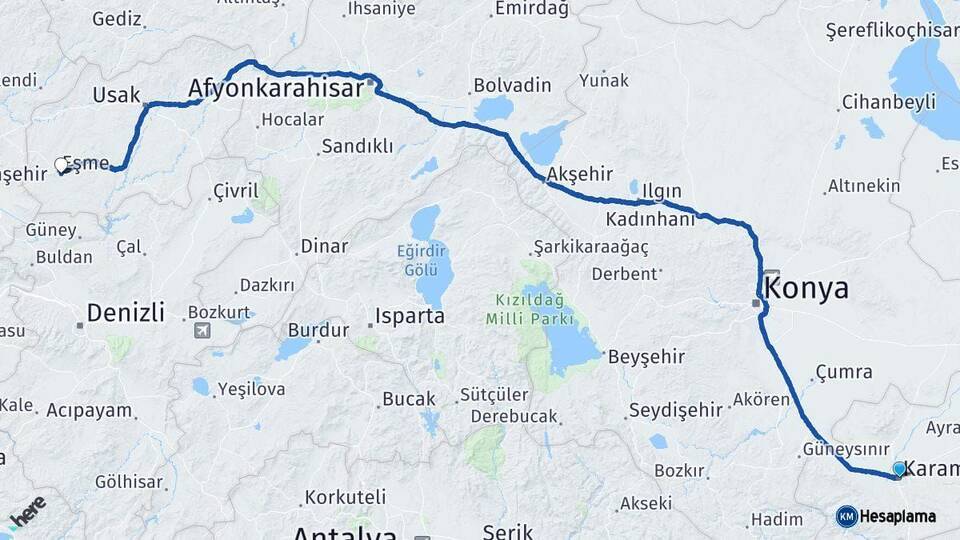 Karaman Eşme Uşak Arası Kaç Km - Yol Haritası