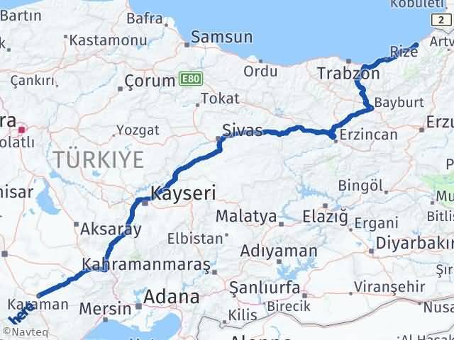 Karaman Fındıklı Rize Arası Kaç Km - Yol Haritası
