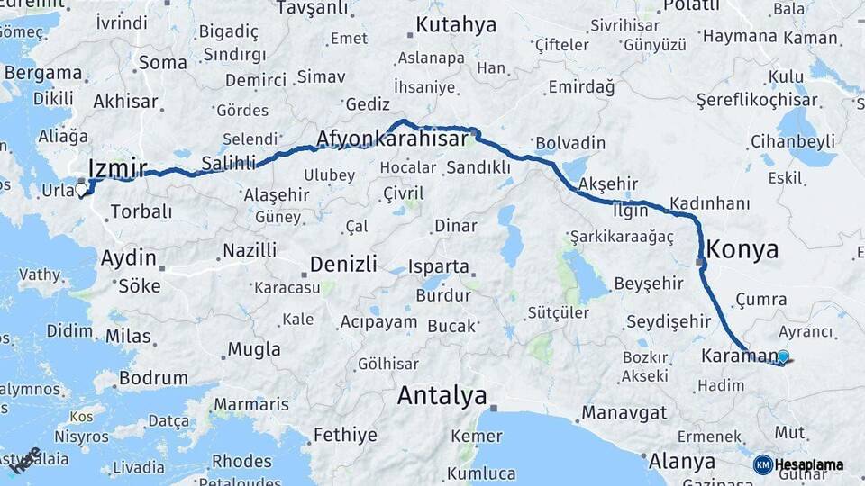 Karaman Gaziemir İzmir Arası Kaç Km - Yol Haritası