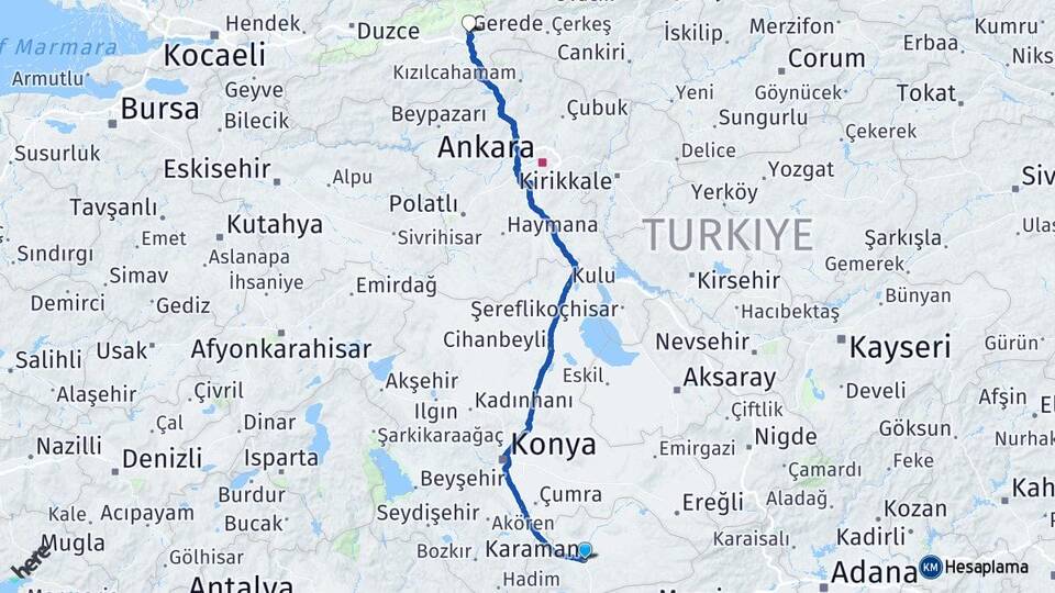 Karaman Gerede Bolu Arası Kaç Saat? Yol Haritası, Yakıt, Rota ve Mesafe Hesaplama Karaman Gerede Bolu Arası Kaç Km? Kaç Saat? Yol Haritası