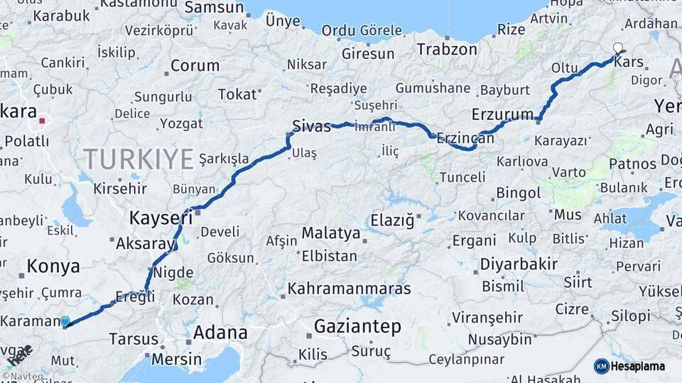 Karaman Göle Ardahan Arası Kaç Km - Yol Haritası