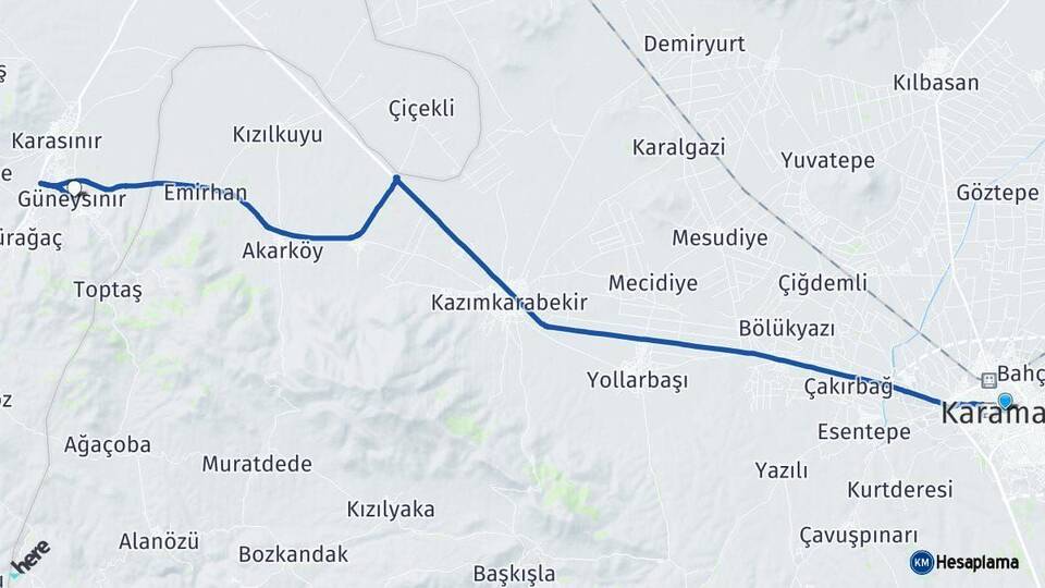 Karaman Güneysınır Konya Arası Kaç Km - Yol Haritası