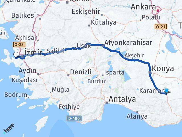 Karaman Güzelbahçe İzmir Arası Kaç Km - Yol Haritası