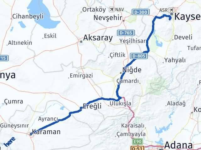 Karaman Hacılar Kayseri Arası Kaç Km - Yol Haritası