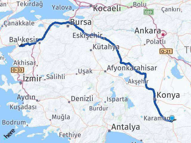 Karaman Havran Balıkesir Arası Kaç Km - Yol Haritası