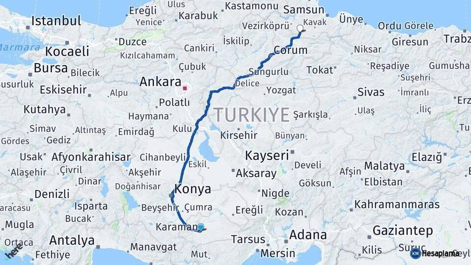 Karaman Havza Samsun Arası Kaç Km - Yol Haritası