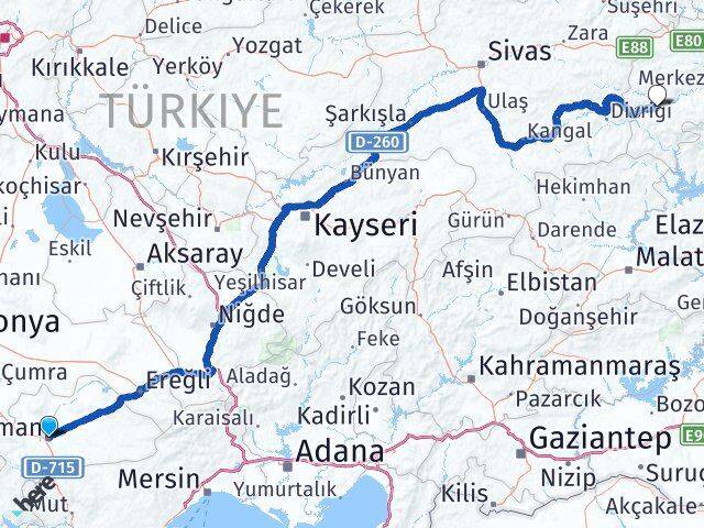 Karaman İliç Erzincan Arası Kaç Km - Yol Haritası