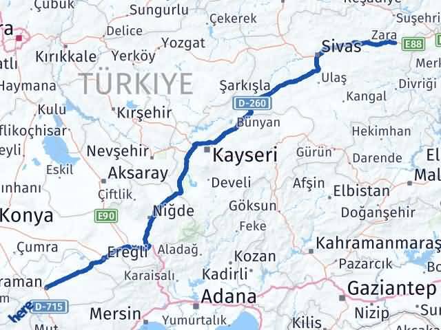 Karaman İmranlı Sivas Arası Kaç Km - Yol Haritası