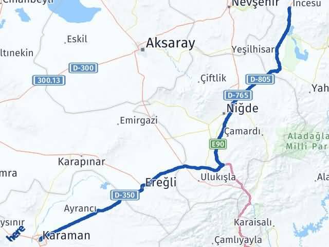 Karaman İncesu Kayseri Arası Kaç Km - Yol Haritası