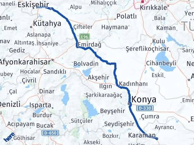 Karaman İnönü Eskişehir Arası Kaç Km - Yol Haritası
