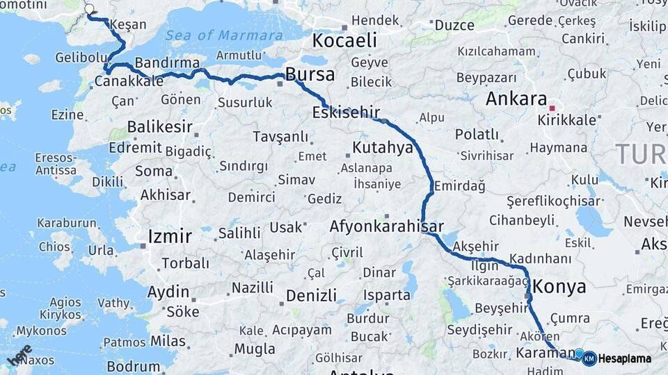 Karaman İpsala Edirne Arası Kaç Km - Yol Haritası