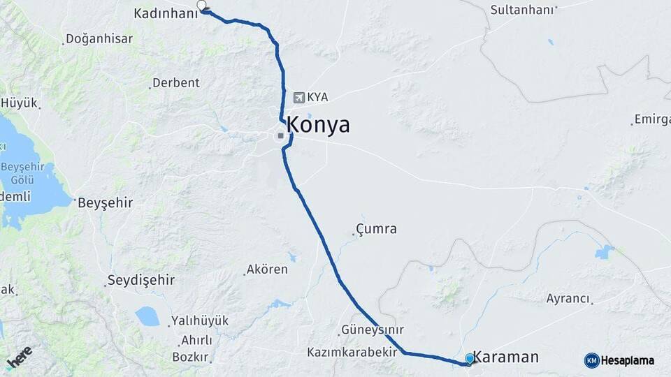 Karaman Kadınhanı Konya Arası Kaç Km - Yol Haritası