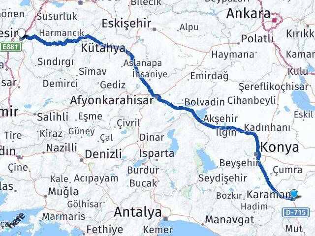 Karaman Karesi Balıkesir Arası Kaç Km - Yol Haritası