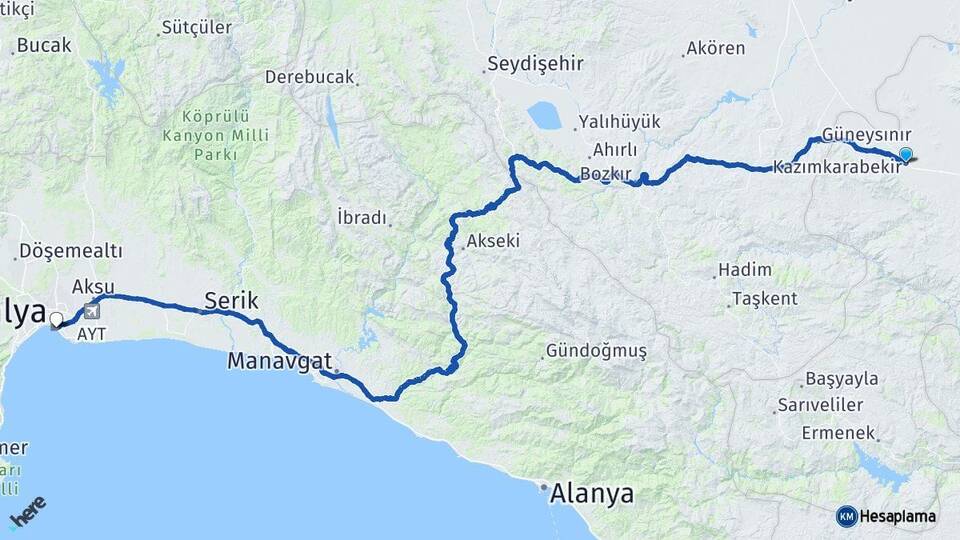 Karaman Kazımkarabekir Antalya Arası Kaç Km - Yol Haritası