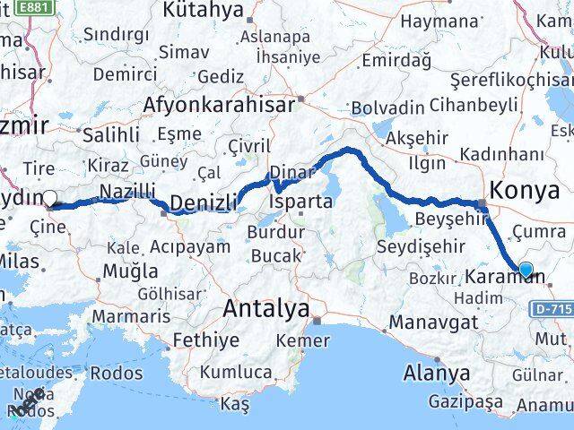Karaman Kazımkarabekir Aydın Arası Kaç Km - Yol Haritası