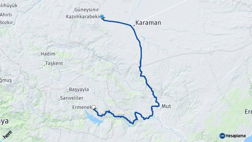Karaman Kazımkarabekir Ermenek Arası Kaç Km - Yol Haritası