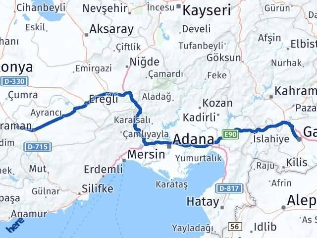 Karaman Kazımkarabekir Gaziantep Arası Kaç Km - Yol Haritası