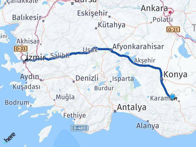 Karaman Kazımkarabekir İzmir Arası Kaç Km - Yol Haritası
