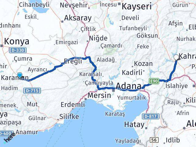 Karaman Kazımkarabekir Kahramanmaraş Arası Kaç Km - Yol Haritası