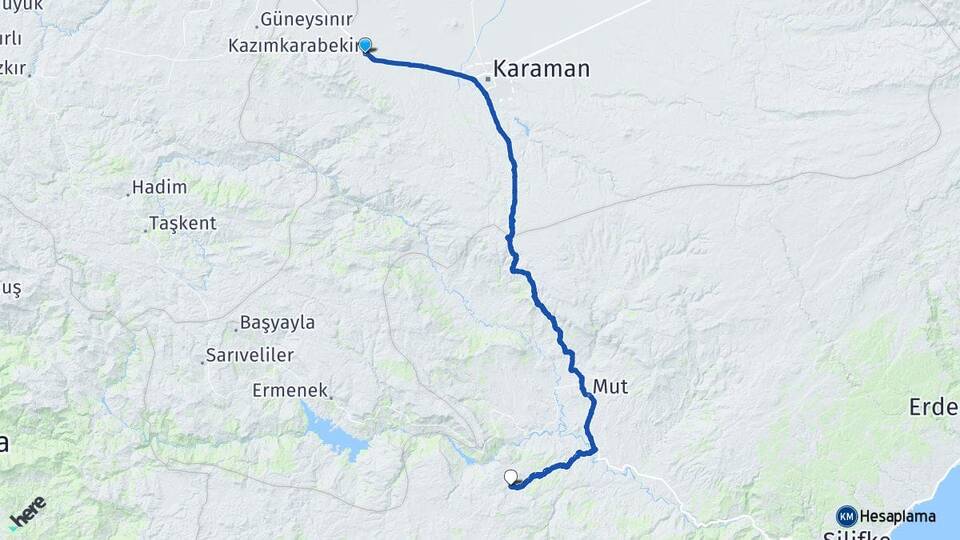 Karaman Kazımkarabekir Kuskan Gülnar Mersin Arası Kaç Km - Yol Haritası