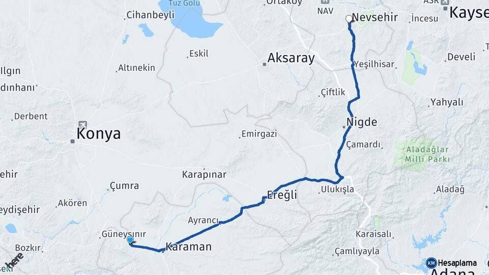 Karaman Kazımkarabekir Nevşehir Arası Kaç Km - Yol Haritası